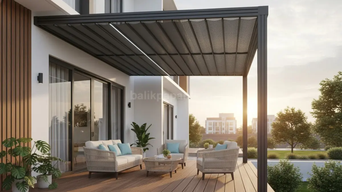 Kanopi retractable aluminium di teras rumah kecil terlihat rapi dan nyaman dipakai sore hari
