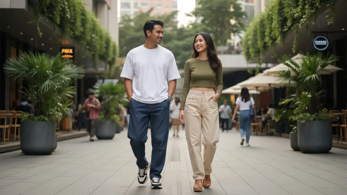Kesalahan memakai baggy jeans sering terjadi karena atasan berlebihan dan sepatu kecil membuat siluet kurang proporsional. (BTV/AI) 
