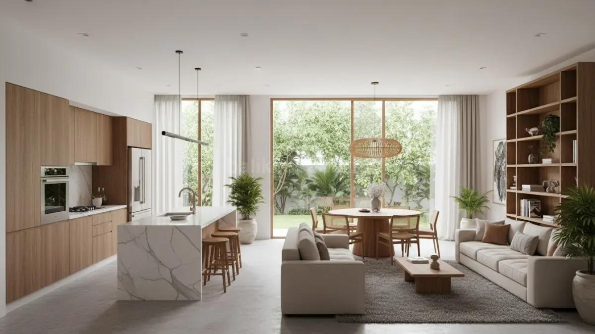 Kitchen island multifungsi pada rumah compact modern dengan pencahayaan natural. (BTV/Ai)