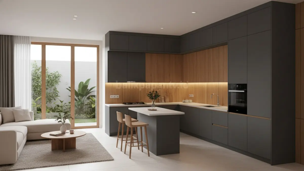Kitchen set hidden modern warna netral dengan pencahayaan hangat elegan. (BTV/Ai)