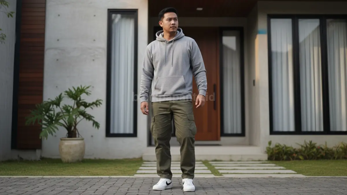 Kombinasi hoodie abu dan cargo pants olive untuk streetwear chill harian

