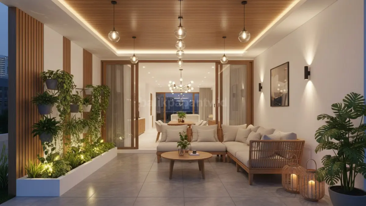 Konsep teras rumah modern ala cafe memakai pencahayaan warm white dan dekorasi sederhana
