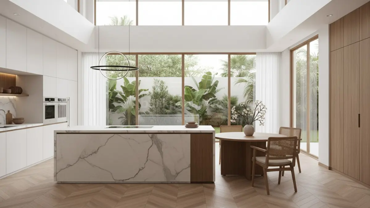 Meja makan lipat menyatu dengan kitchen island. (BTV/Ai)