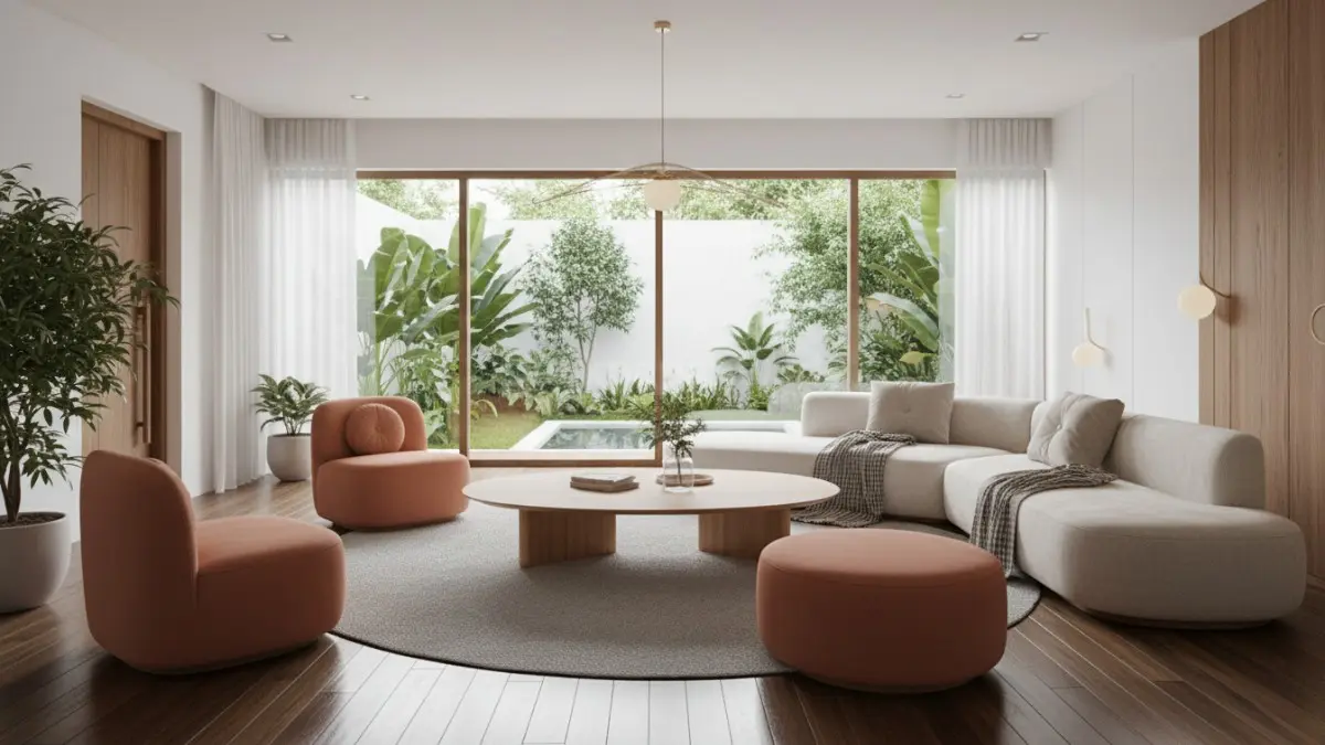 Meja oval dan rounded furniture membuat ruang compact terasa lega, aman, serta nyaman untuk keluarga. (BTV/AI) 
