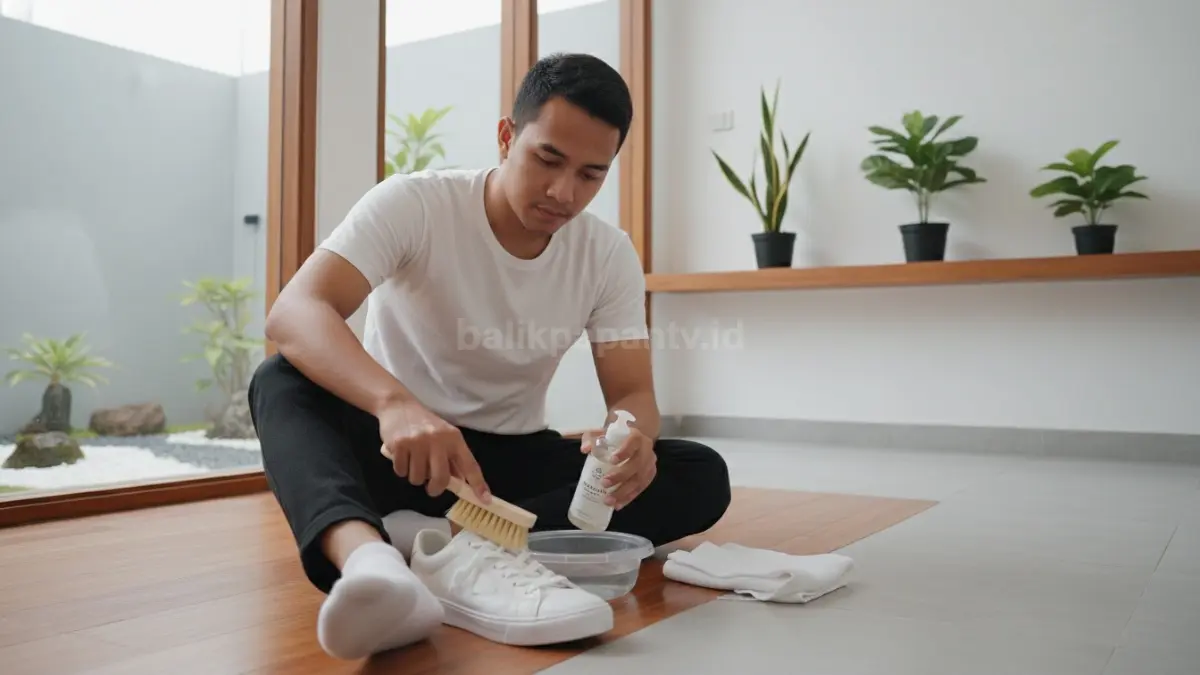 Membersihkan sepatu putih memakai sikat halus dan sabun ringan di rumah
