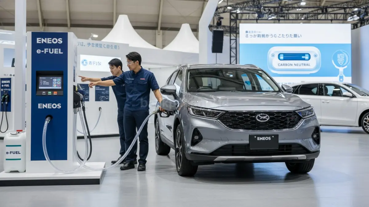 Mobil bensin mengisi e-Fuel ENEOS karbon netral di demonstrasi teknologi otomotif Jepang modern (BTV/Ai)