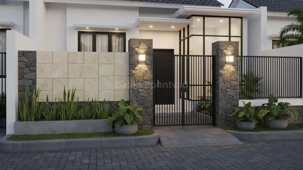 Model pagar rumah semi terbuka dengan lampu warm white dan kombinasi batu alam elegan.. (BTV/Ai)