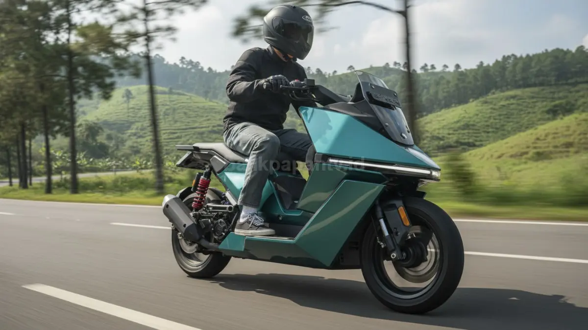 Omoway Omo-X melaju di jalan berbukit dengan tampilan futuristis dan suspensi double wishbone modern. (BTV/Ai)