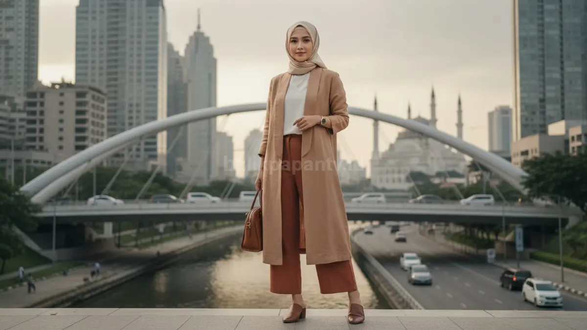 Outer ringan warna earth tone tampil fleksibel, cocok untuk kantor, perjalanan, hingga acara semi formal modern. (BTV/AI)
