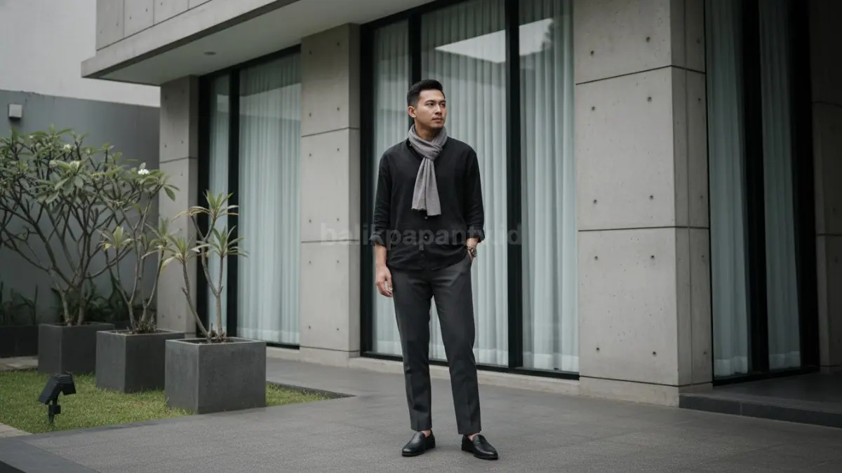 Outfit monochrome look hitam dan abu-abu modern untuk gaya harian simpel dan rapi
