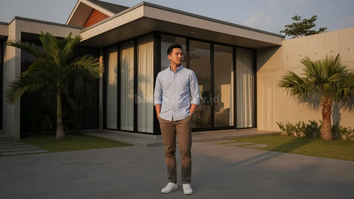 Outfit smart casual modern dengan kombinasi kemeja polos dan sneakers putih minimalis

