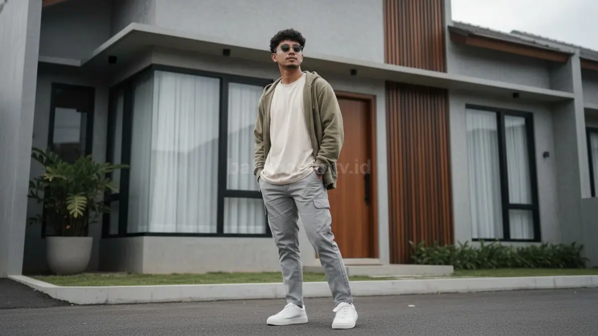 Outfit streetwear chill warna netral dengan sneakers putih untuk gaya santai modern anak muda
