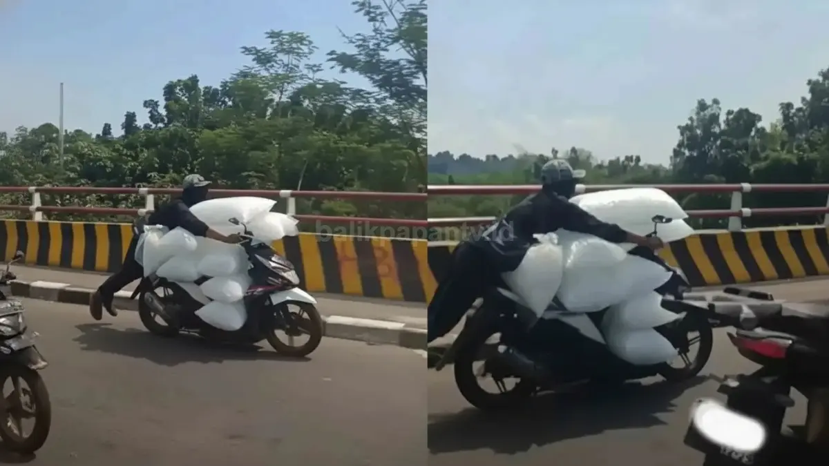Pemotor membawa tumpukan es batu tanpa helm di Jalan KH Abdullah Bin Nuh Bogor jadi sorotan publik.