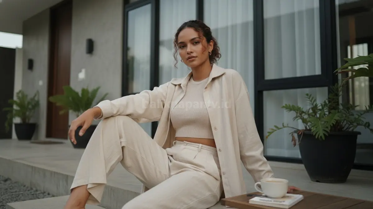 Perpaduan outfit monochrome warna krem untuk nongkrong santai sore hari
