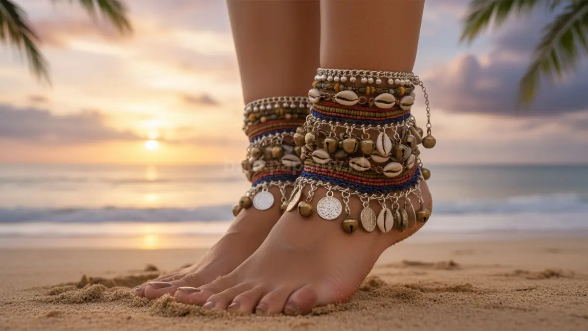 Pilihan gelang kaki multilayer dan kincringan dengan detail unik untuk tampilan bohemian modern.

