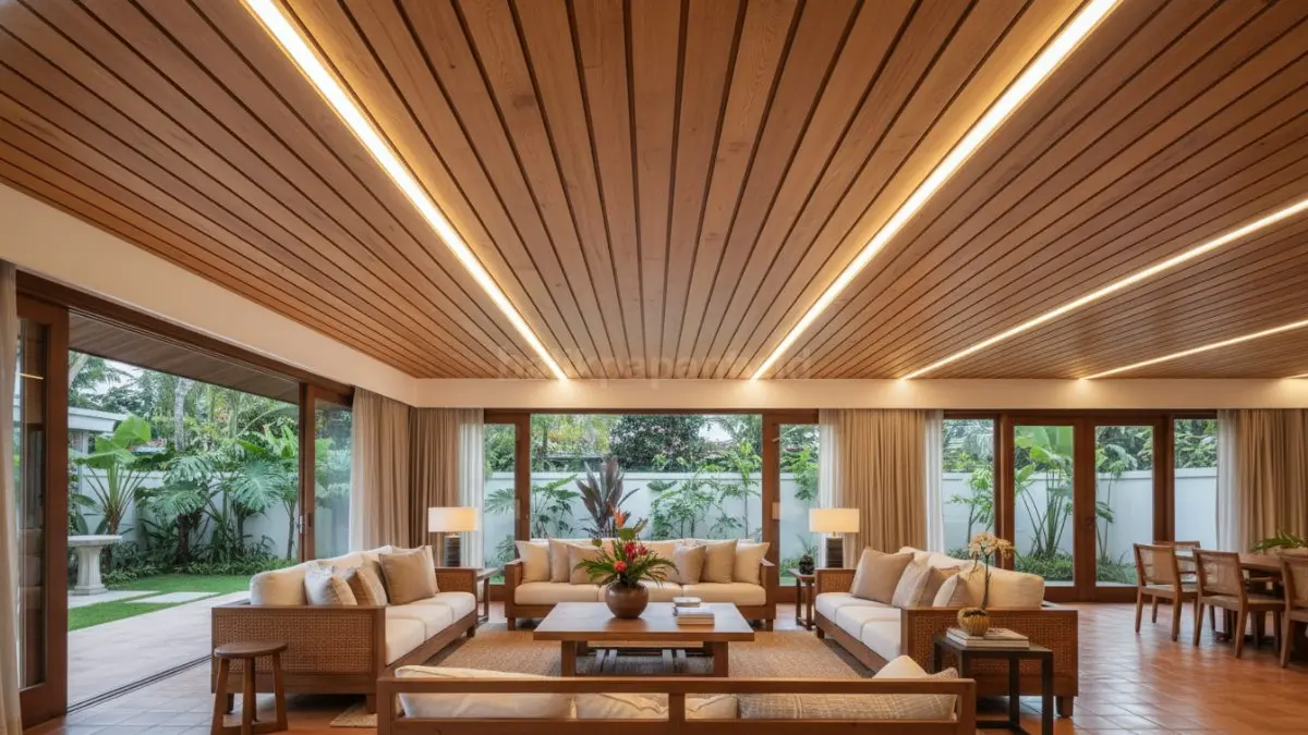 Plafon kayu estetik dengan lampu warm white di ruang keluarga rumah tropis modern terasa hangat dan elegan (BTV/Ai)