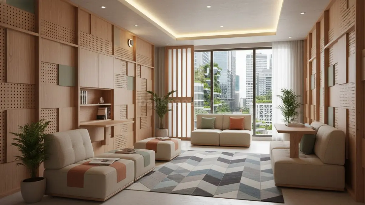 Pola modular geometris membuat ruang kerja hybrid dan apartemen studio terasa fleksibel serta rapi digunakan sehari-hari. (BTV/AI) 
