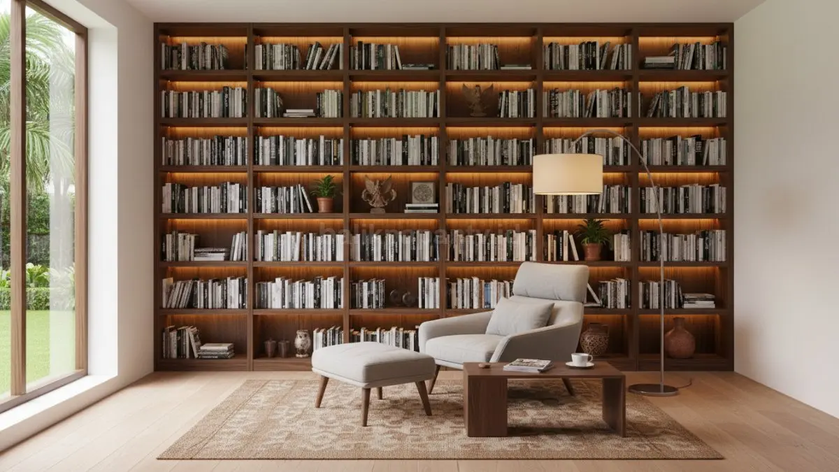 Rak buku full dinding dengan warm lighting dan kursi baca modern di ruang tamu minimalis (BTV/Ai)