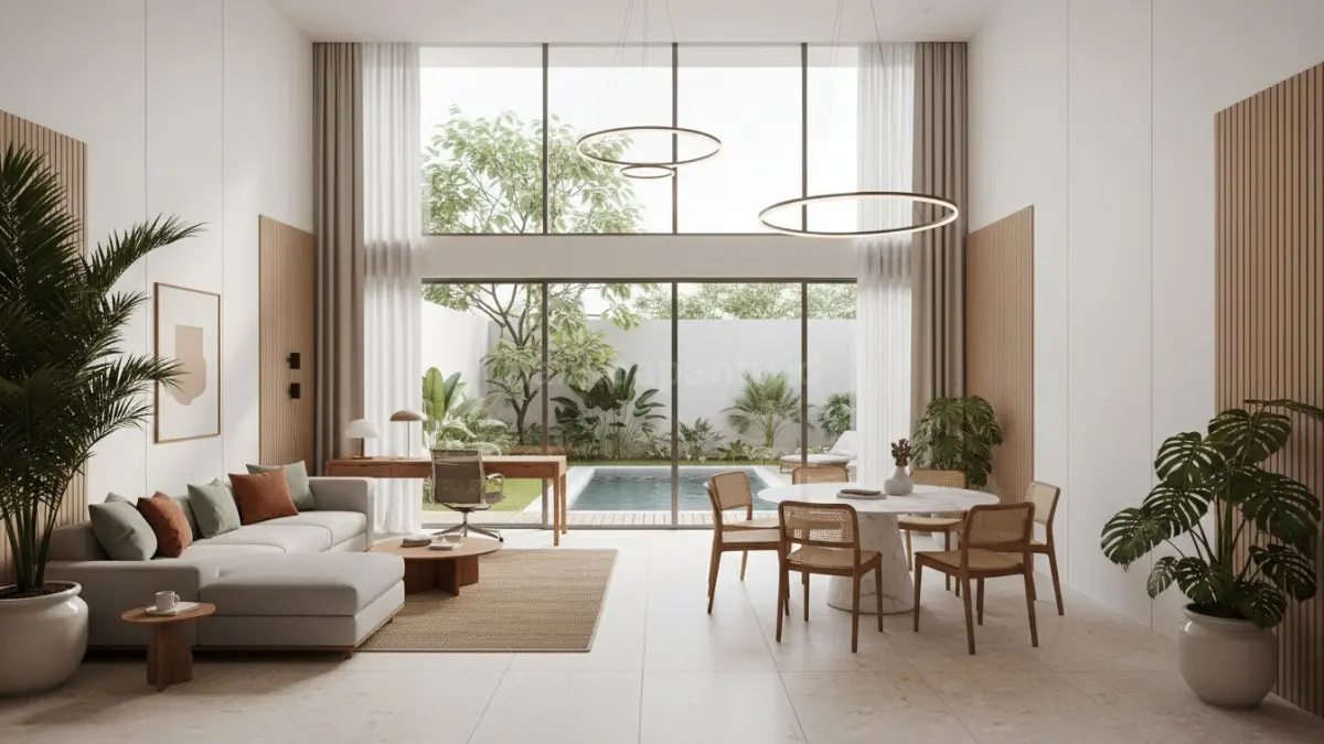 Ruang open space living modern dengan dapur dan ruang keluarga menyatu terlihat hangat dan lega. (BTV/Ai)