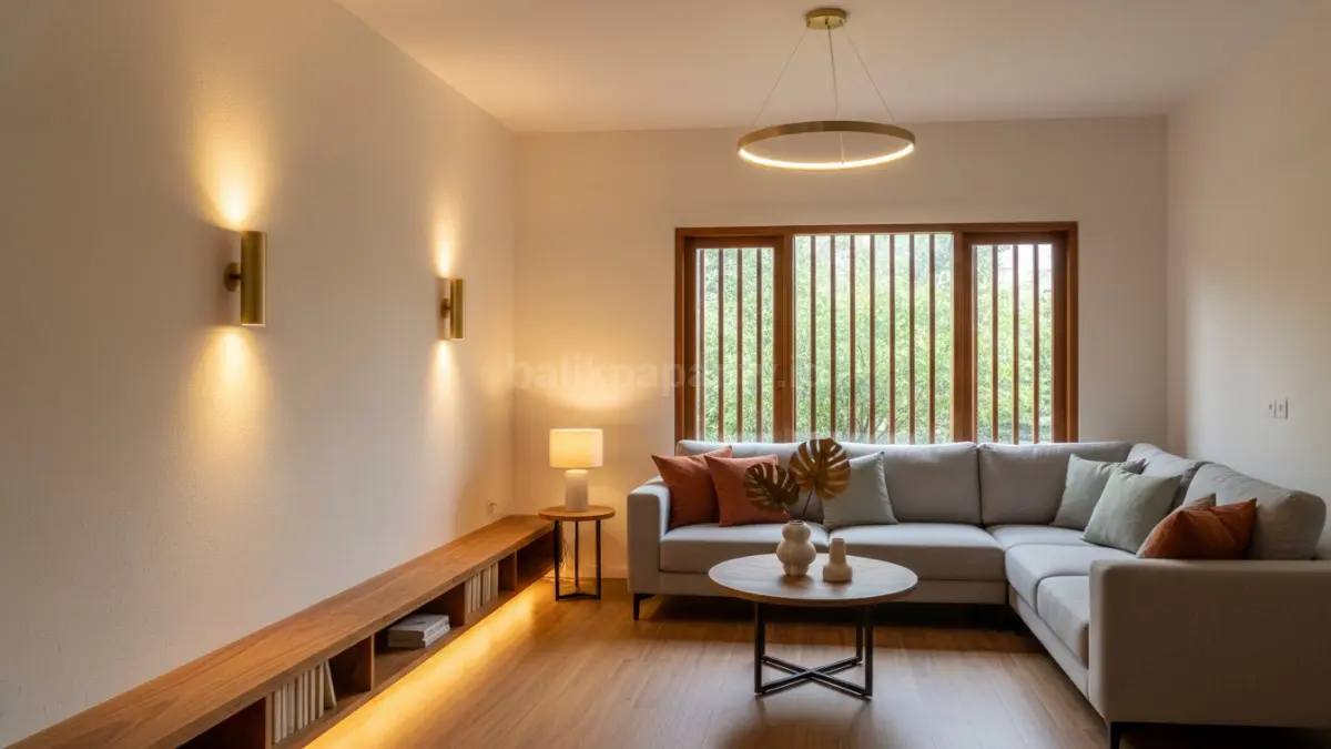 Ruang tamu rumah minimalis dengan warm lighting, wall lamp, dan LED indirect modern (BTV/Ai)