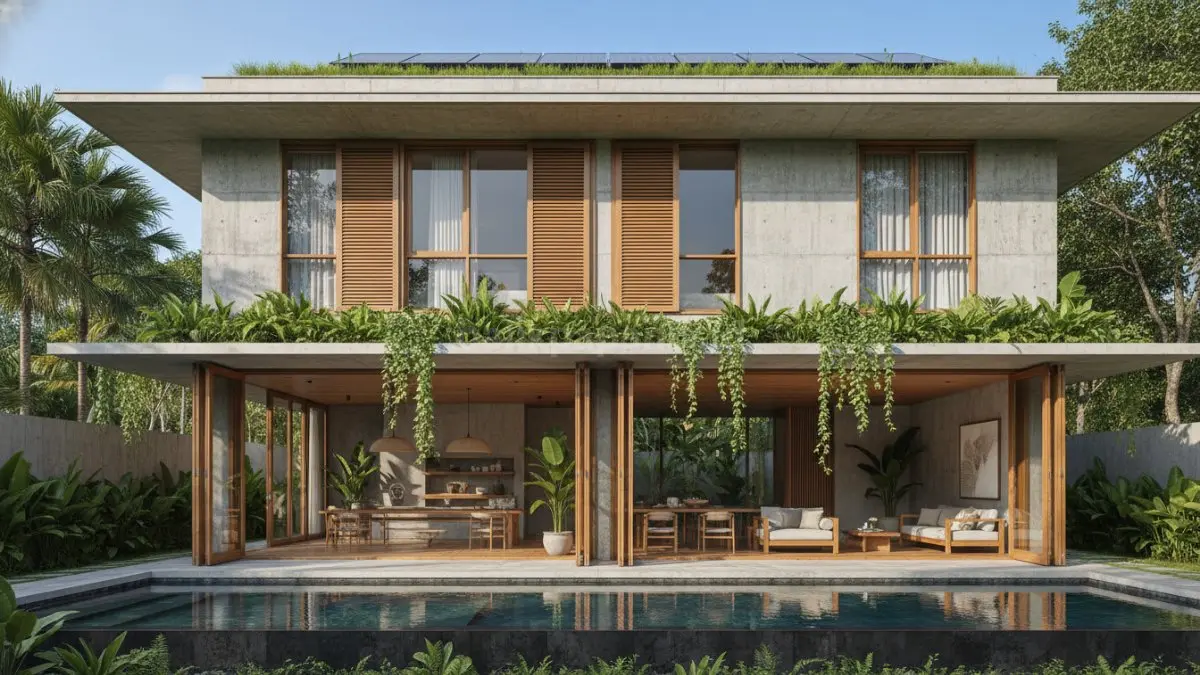 Rumah beton tropis São Paulo hadirkan desain sejuk alami, hemat energi, dan nyaman sepanjang tahun 2026. (BTV/AI)