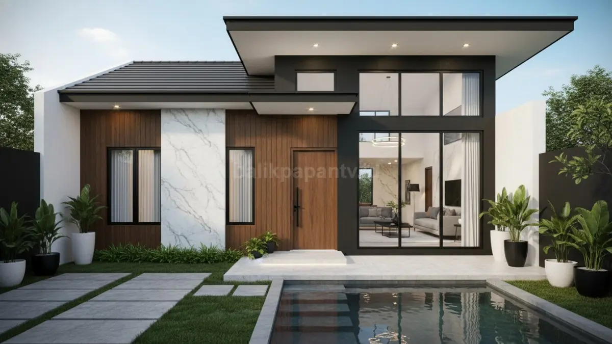 Rumah minimalis monokrom modern dengan jendela besar dan pencahayaan alami elegan. (BTV/Ai)