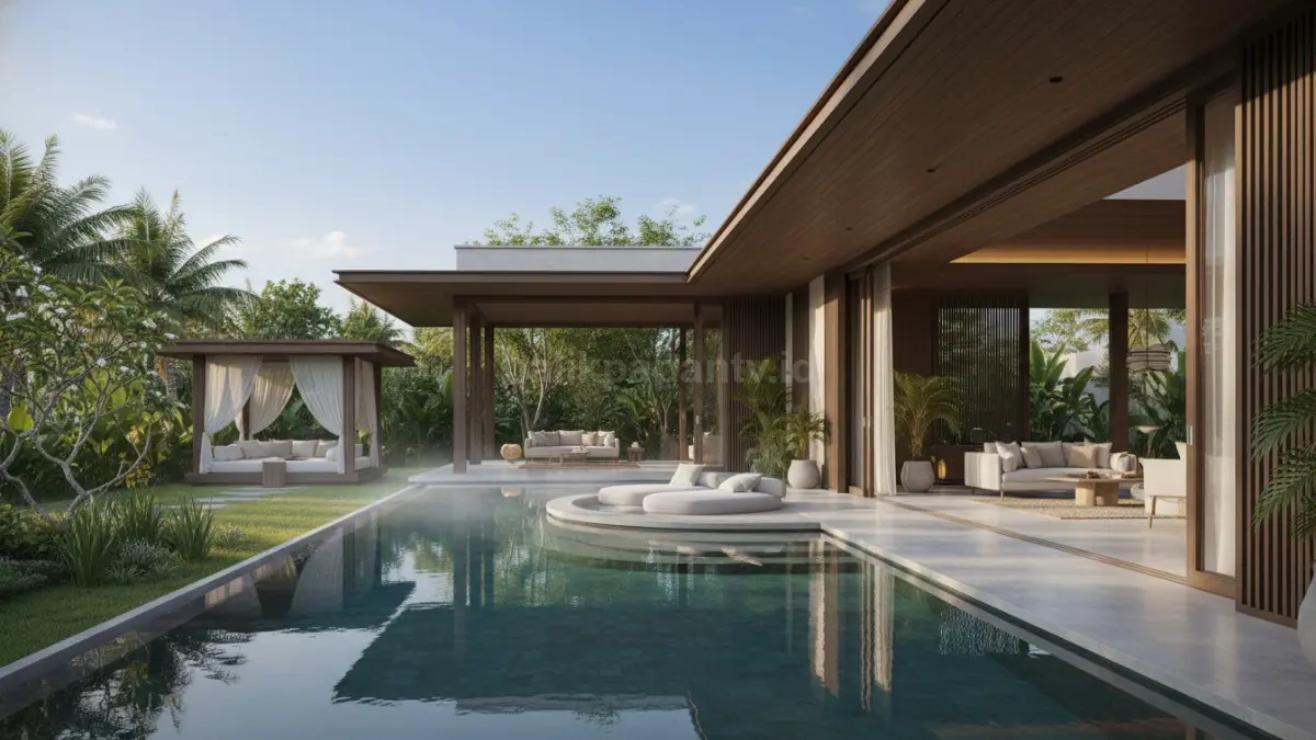Rumah villa modern ala Bali dengan taman tropis dan pencahayaan hangat bikin suasana terasa seperti resort pribadi. (BTV/Ai)