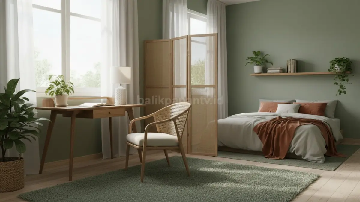 Sage green membuat ruang kerja dan kamar tidur kecil terasa adem, rileks, serta nyaman dipandang. (BTV/AI) 
