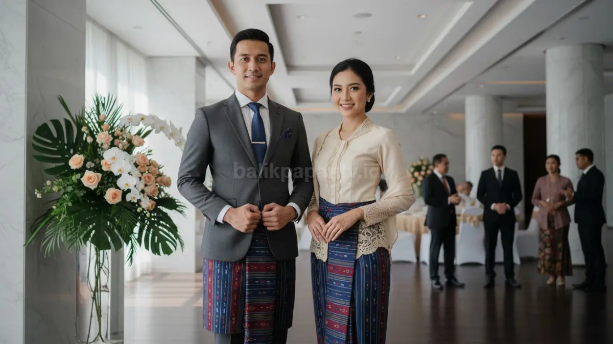 Sarung tenun dipadukan dengan outfit formal elegan untuk acara keluarga
