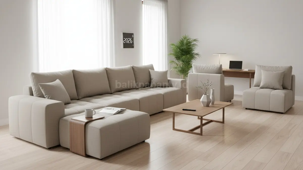 Sofa modular modern warna netral di ruang tamu rumah minimalis dengan konsep multifungsi 2026 (BTV/Ai)