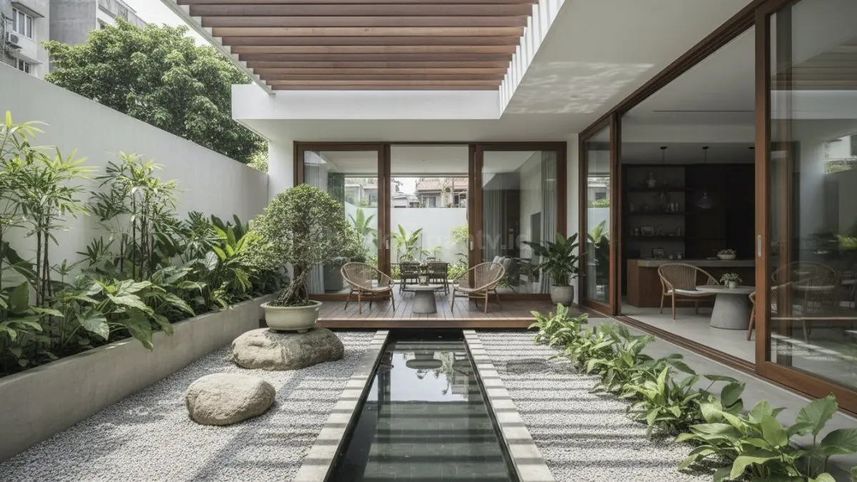 Sudut rumah kecil disulap jadi zen garden tropis nyaman untuk meditasi dan santai. (BTV/Ai)