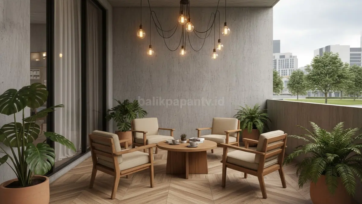 Teras rumah ala cafe dengan lampu hangat dan kursi kayu minimalis bikin suasana santai makin nyaman
