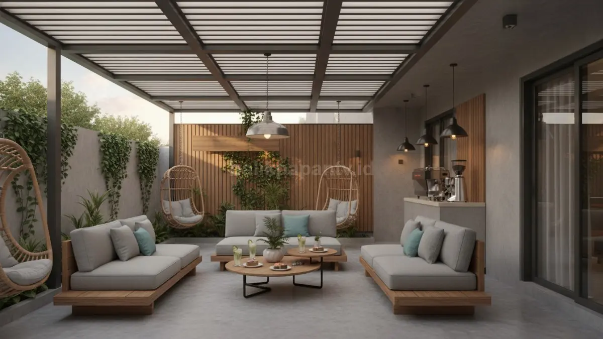 Teras rumah minimalis memakai kanopi buka tutup dengan suasana santai ala cafe modern
