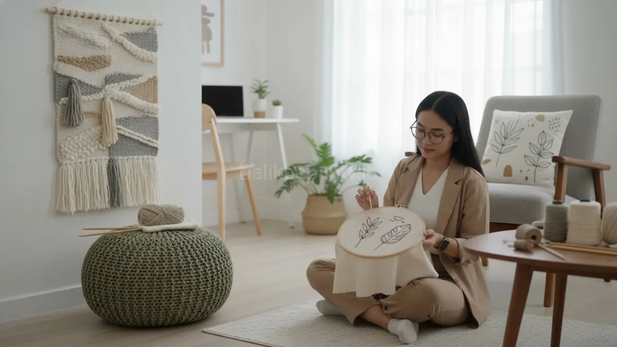 Textile craft modern kembali populer lewat rajut dan bordir simpel untuk dekor apartemen minimalis masa kini.(BTV/AI) 