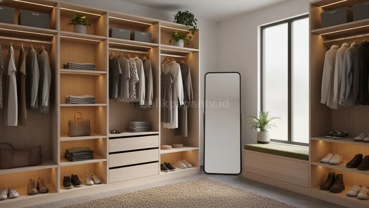 Walk-in closet minimalis modern dengan rak vertikal dan pencahayaan hangat untuk rumah compact 2026 (BTV/Ai)