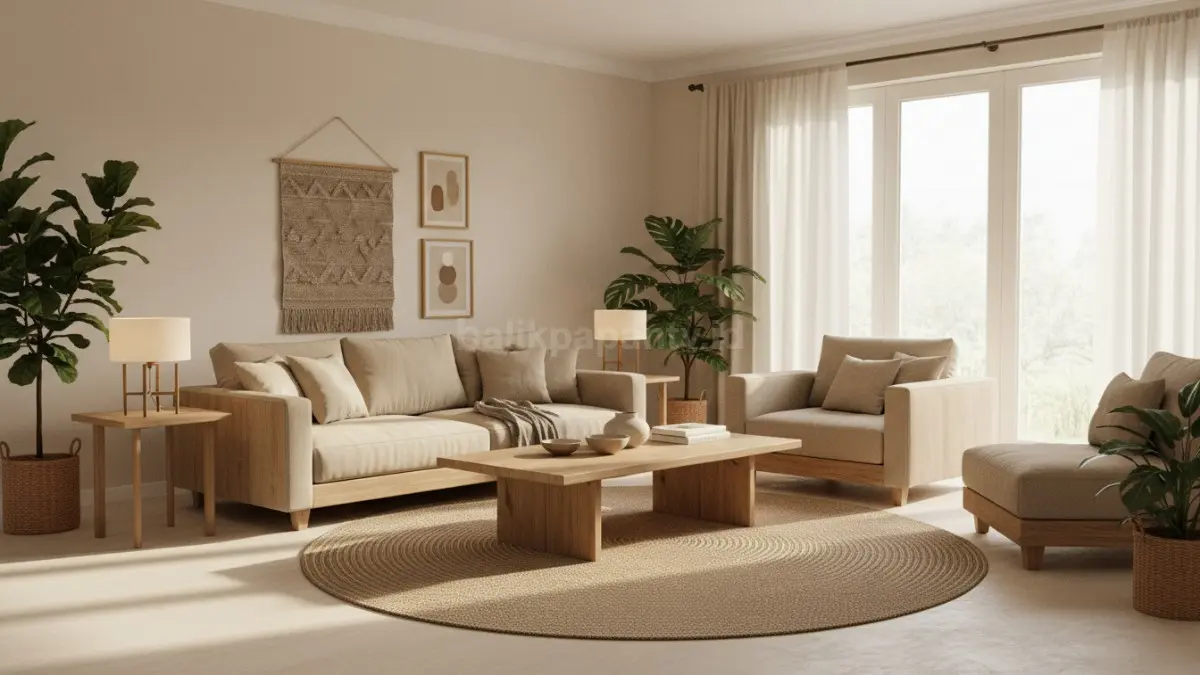 Interior rumah Japandi Evolution dengan furnitur rendah, warna beige lembut, dan pencahayaan natural hangat. (BTV/Ai)
