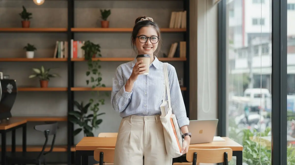 Kemeja striped dan celana loose fit nyaman dipakai kerja, belajar, serta aktivitas harian fleksibel. (BTV/AI)
