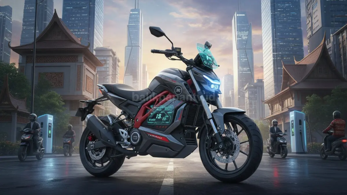 Motor listrik Indomobil Tyranno tampil tangguh futuristik, memadukan desain modern, teknologi pintar, dan performa bertenaga. (BTV/AI)