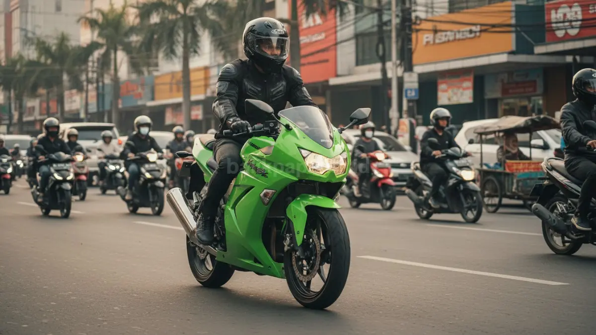 Posisi riding Kawasaki Ninja 250 Karbu saat dipakai touring harian di jalan perkotaan Indonesia. (BTV/Ai)