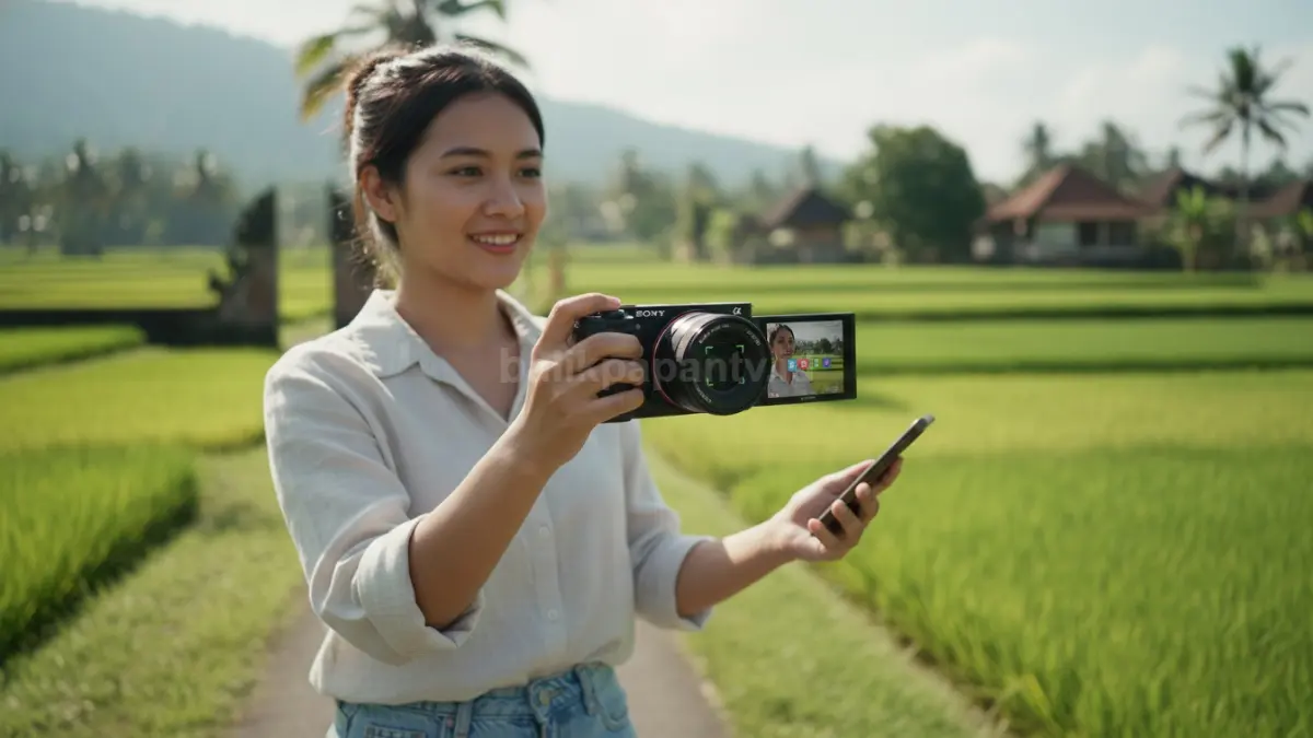 Sony ZV-E10 digunakan untuk vlog handheld dengan layar flip dan autofokus cepat.(BTV/Ai)