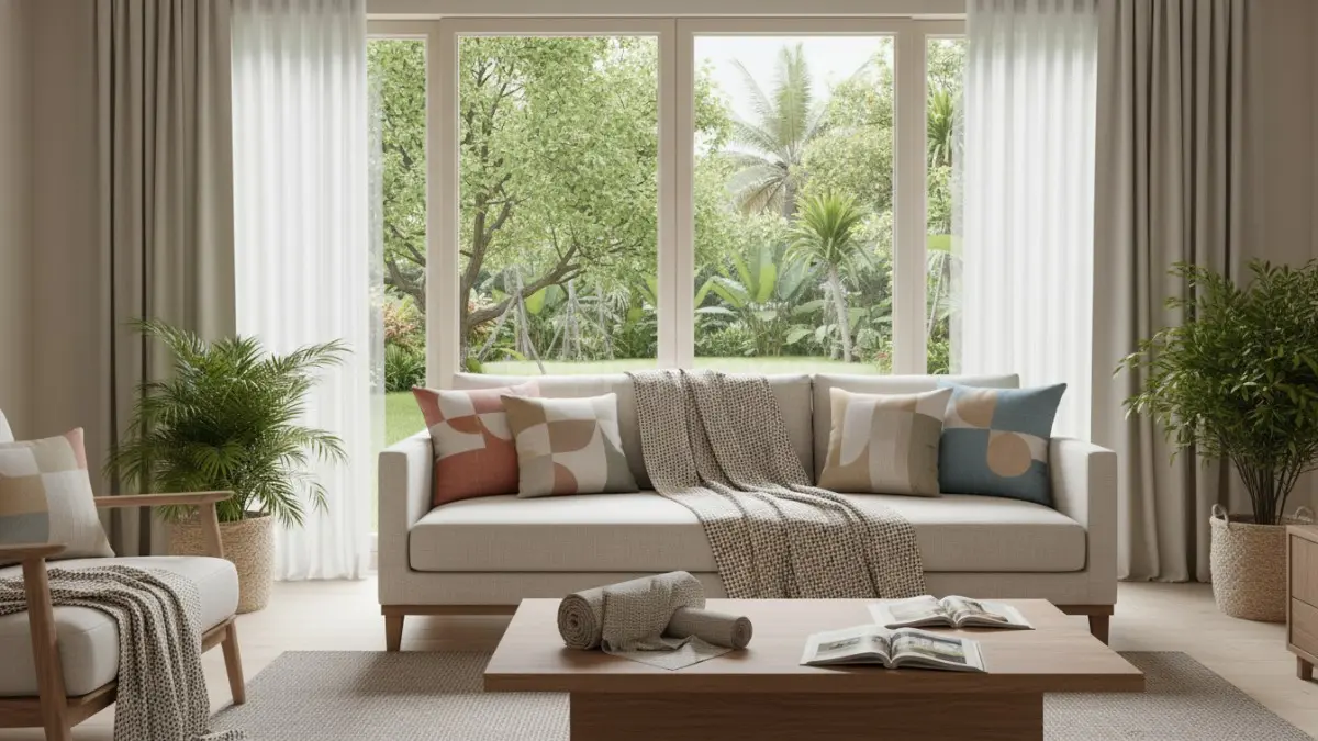 Tren textile design 2026 menghadirkan material rumah dengan tekstur lembut dan tampilan visual lebih menenangkan. (BTV/AI)