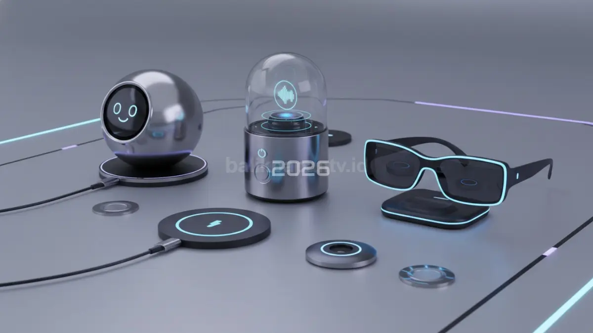 Deretan gadget AI 2026 dengan recorder pintar, kacamata XR, dan perangkat pendamping digital modern. (BTV/Ai)