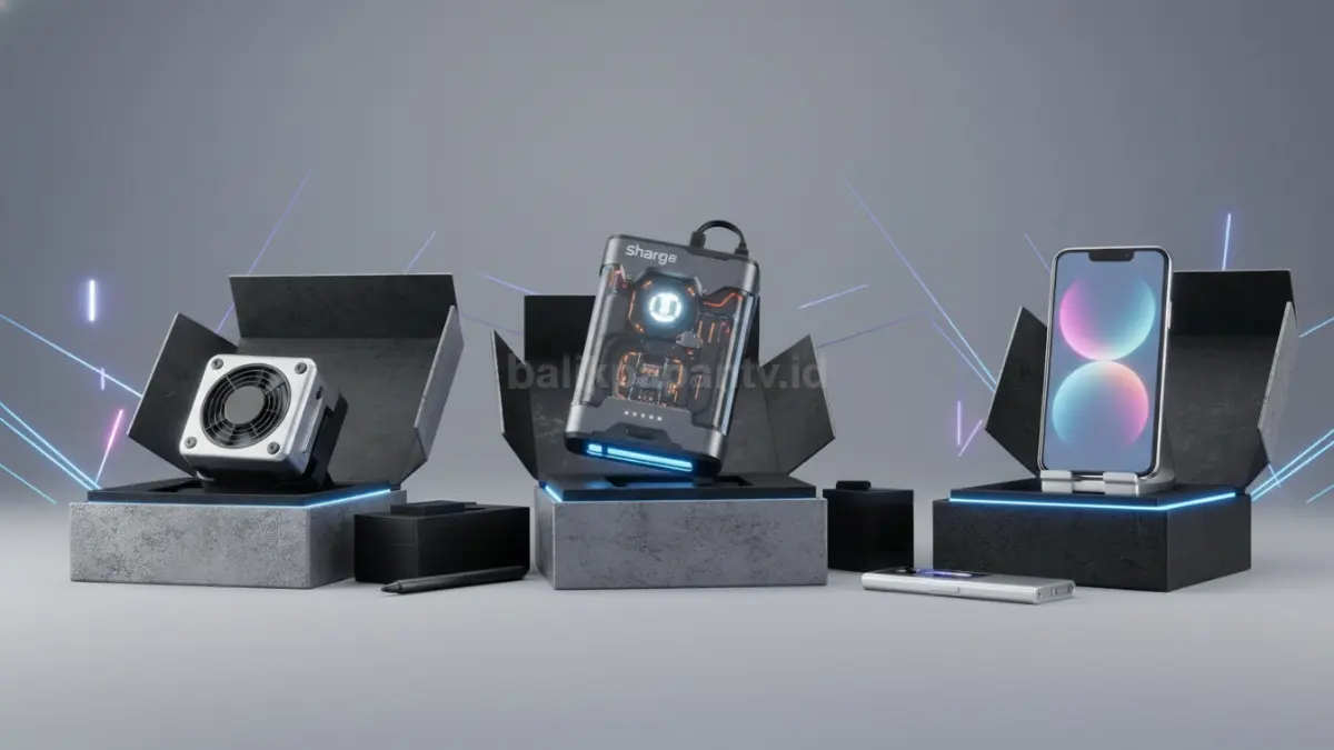 Deretan gadget kreator 2026 seperti power bank Sharge, stand MagSafe, dan pendingin kamera saat unboxing premium (BTV/Ai)