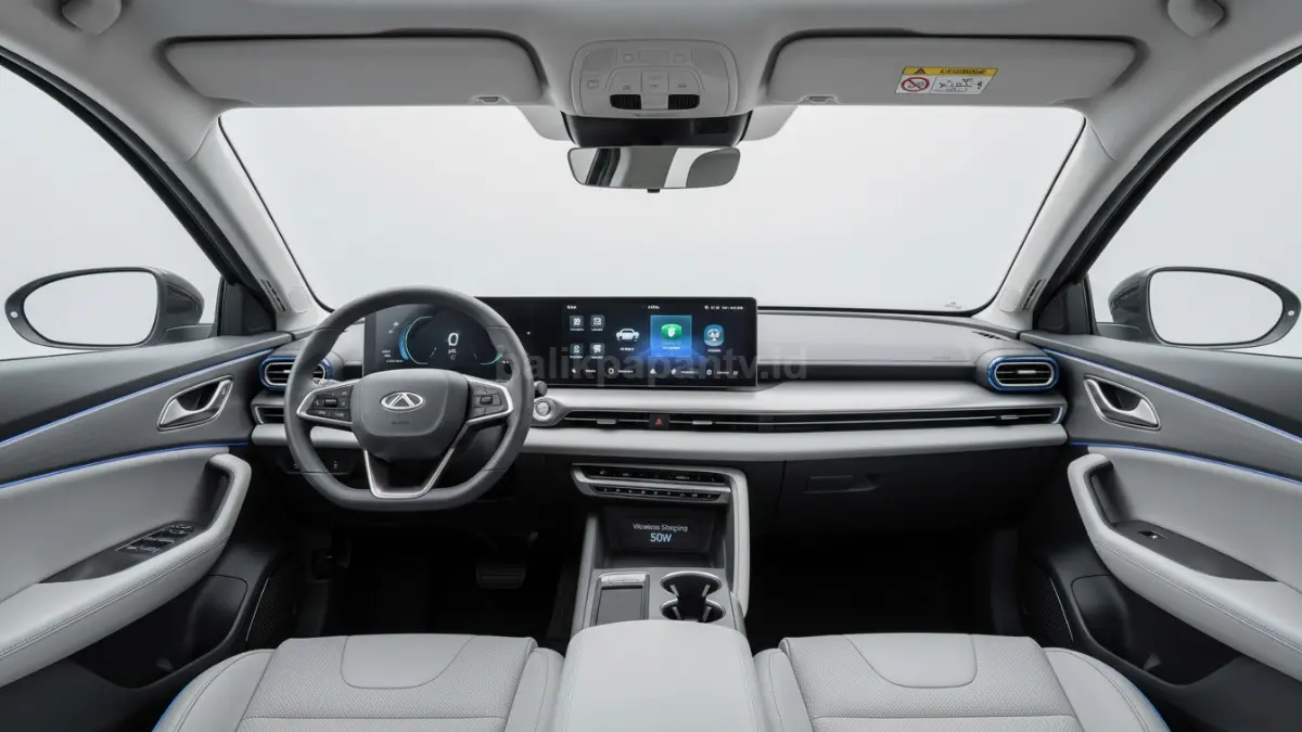 Interior minimalis Omoda 4 EV dengan head unit vertikal dan wireless charging 50 Watt berpendingin. (BTV/Ai)