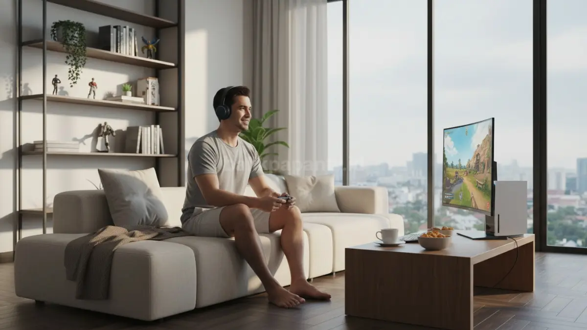 Aktivitas hobi main game di rumah dengan suasana santai setelah pulang kerja, cocok untuk relaksasi modern.
