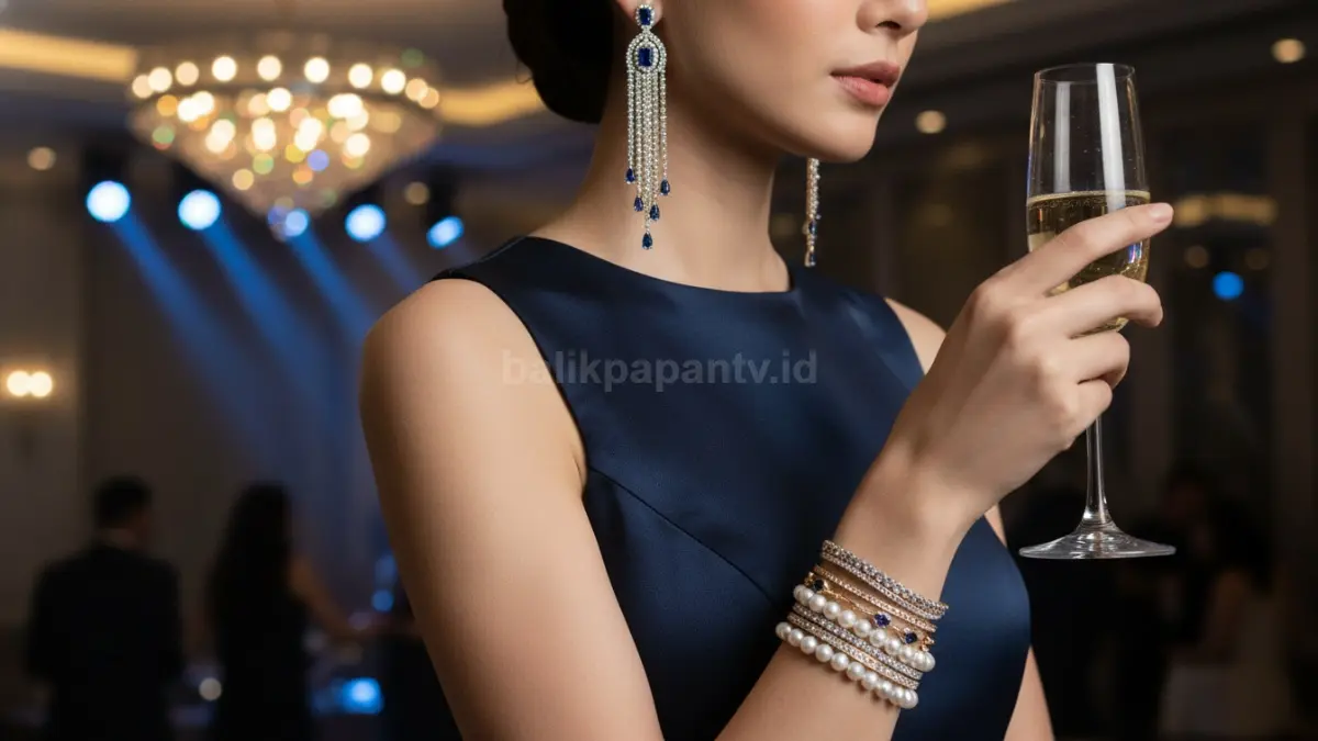 Anting panjang dan gelang bertumpuk tampil serasi untuk gaya pesta modern.