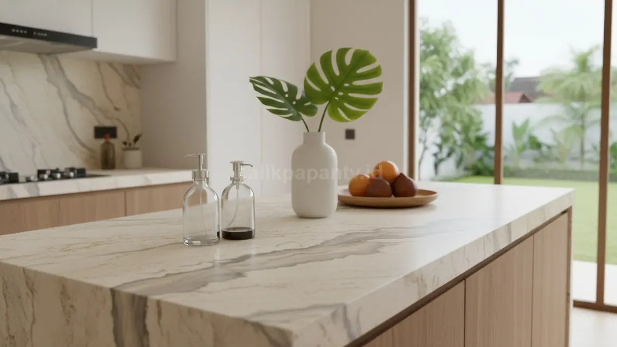 Area countertop dapur rapi dengan motif batu alami dan dekorasi sederhana modern
