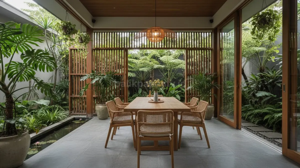 Area ruang makan bernuansa alam dengan tanaman indoor dan ventilasi terbuka
