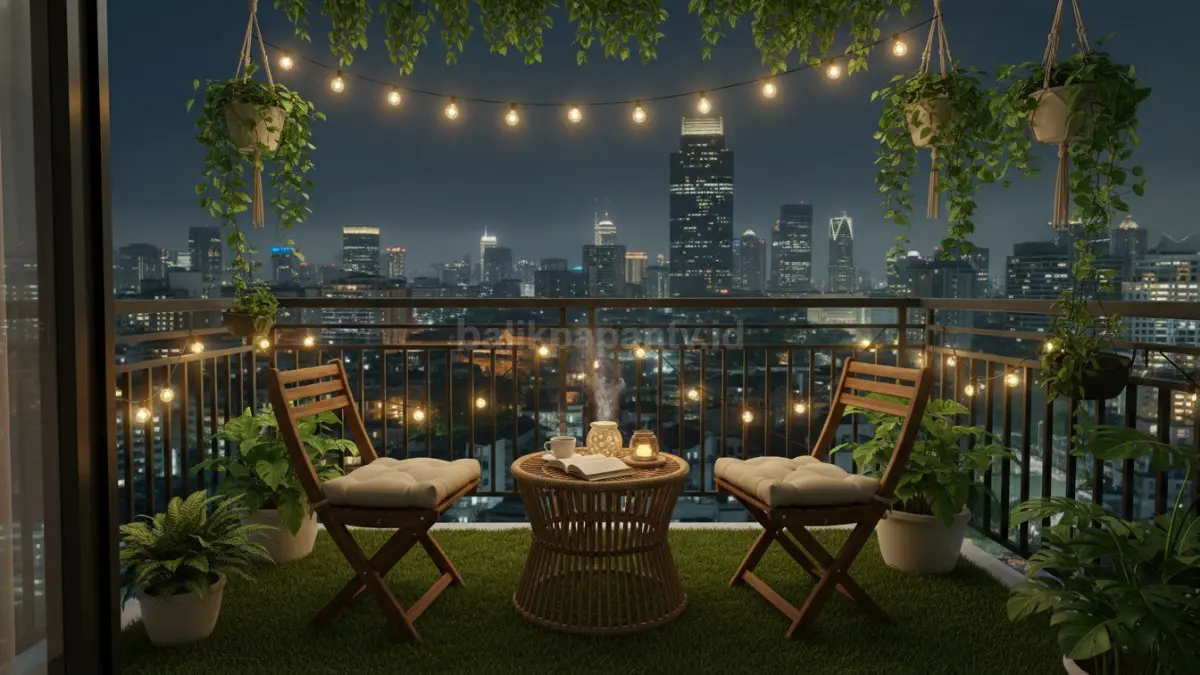 Balkon apartemen cozy dengan tanaman gantung, kursi kayu lipat, dan lampu tumblr hangat untuk santai malam (BTV/Ai)