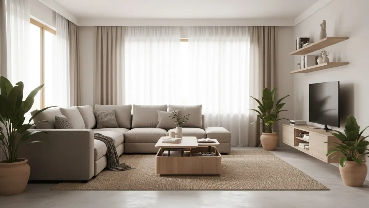 Cat warna putih tulang, beige, atau abu muda membantu ruangan terasa terang.